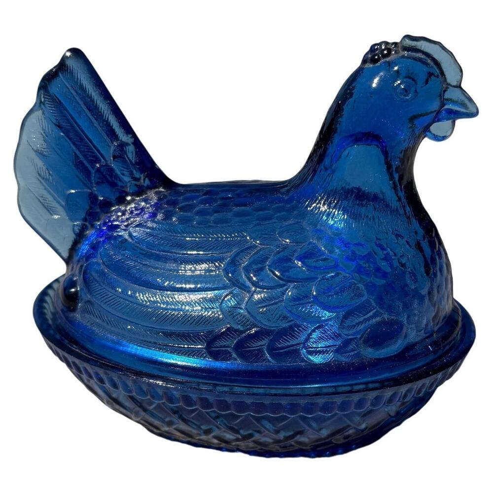 Vtg Imperial Glass Cobalt Blue Glass Split Tail Hen On Nest Candy Trinket Dish